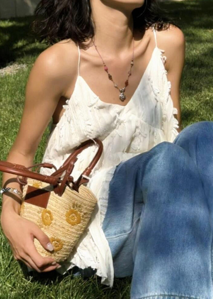 White V Neck Ruffled Cotton Spaghetti Strap Tank Sleeveless