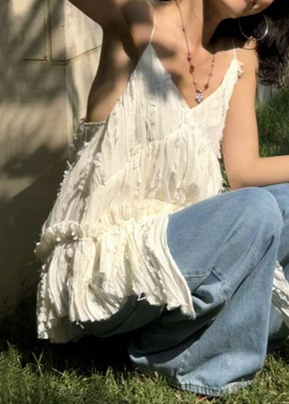 White V Neck Ruffled Cotton Spaghetti Strap Tank Sleeveless