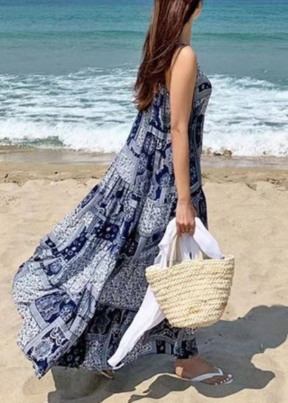 Sleeveless O-neck Printed Maxi Tank Dress Blue