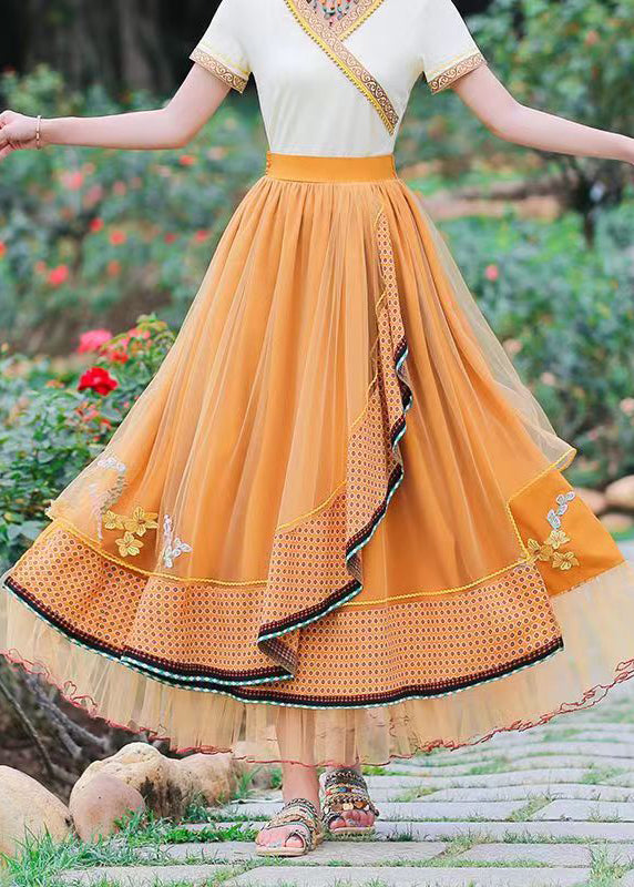 Yellow Asymmetrical Patchwork Tulle Skirts Spring
