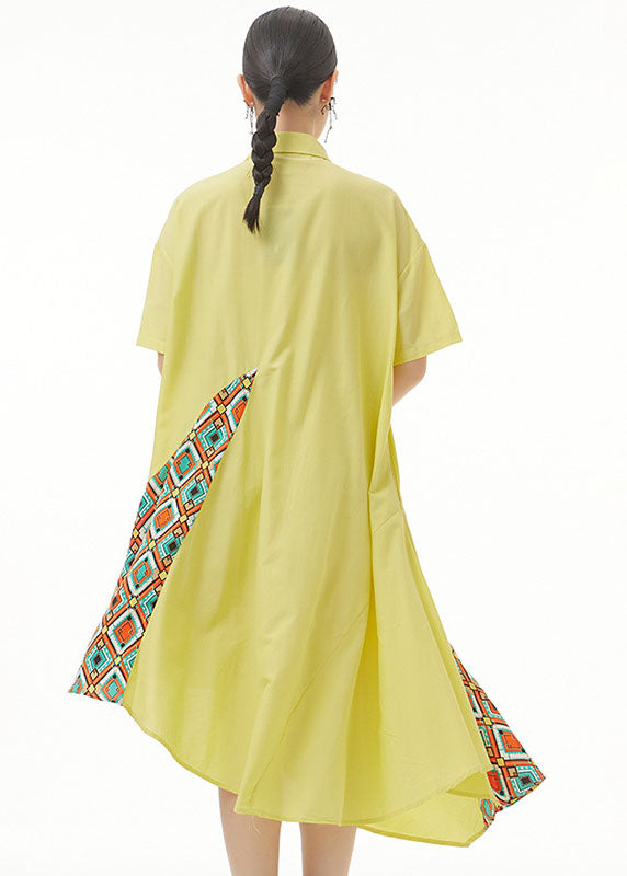 Yellow Asymmetrical Print Patchwork Chiffon Shirts Dresses Summer