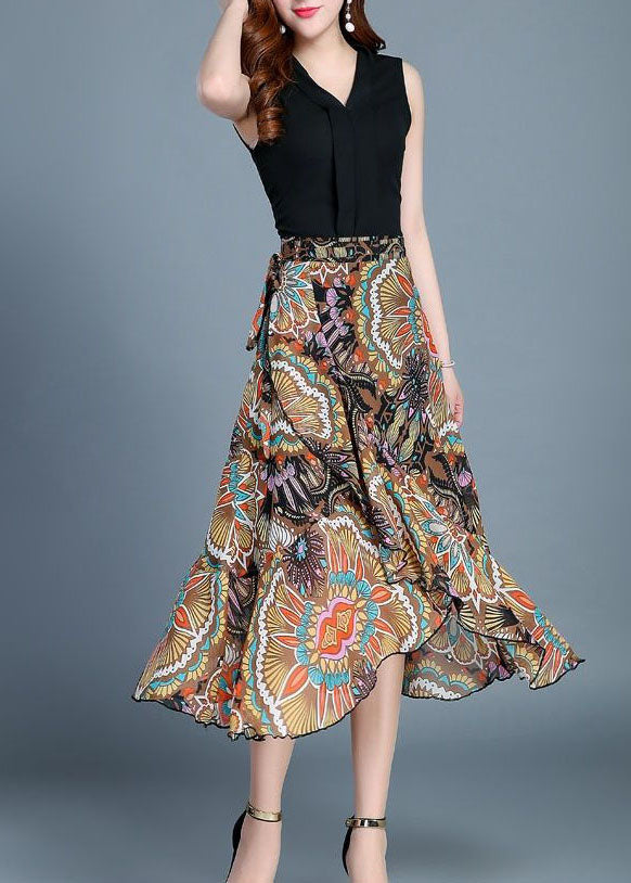 Yellow Asymmetrical Ruffles Dotted Daisy Print Chiffon Skirts Summer