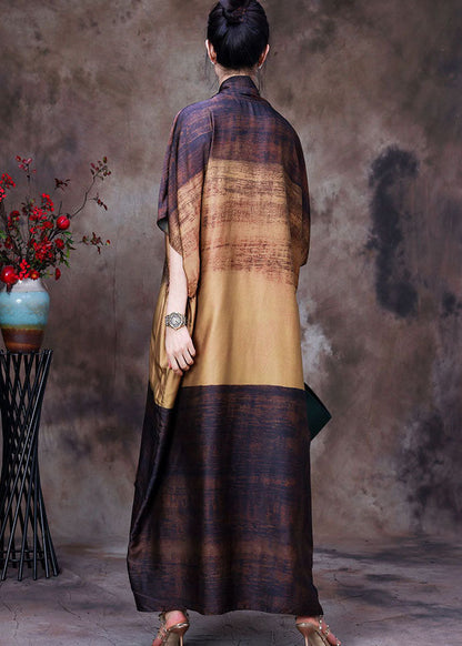Yellow Chocolate Bow Collar Print Silk Dress Batwing Sleeve