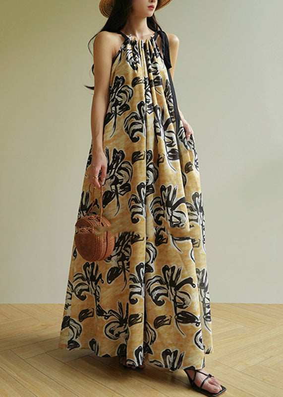 Yellow Cold Shoulder Print Wrinkled Long Spaghetti Strap Dresses Sleeveless