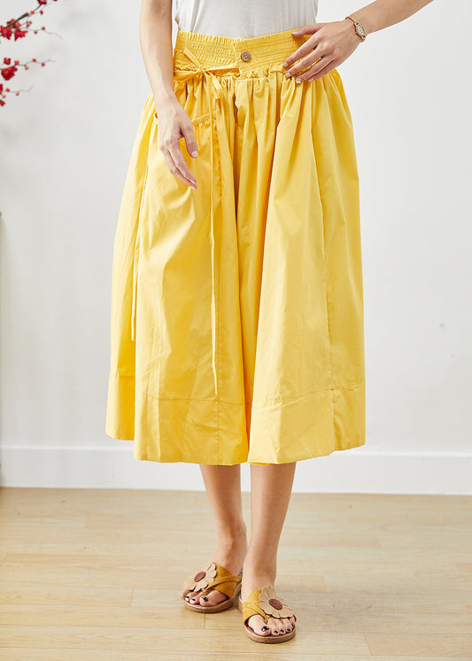 Yellow Elastic Waist Lace Up Cotton Skirts Fall