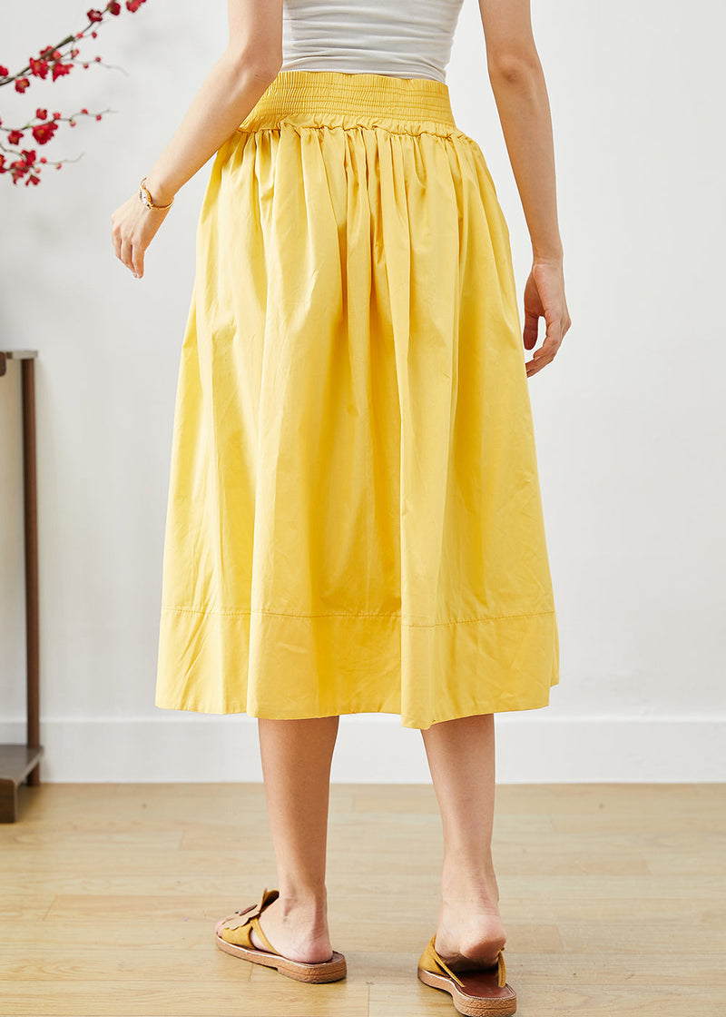 Yellow Elastic Waist Lace Up Cotton Skirts Fall