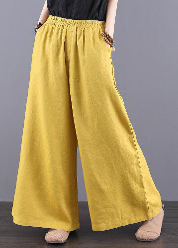 Yellow Elastic Waist Pockets Linen Pants Summer