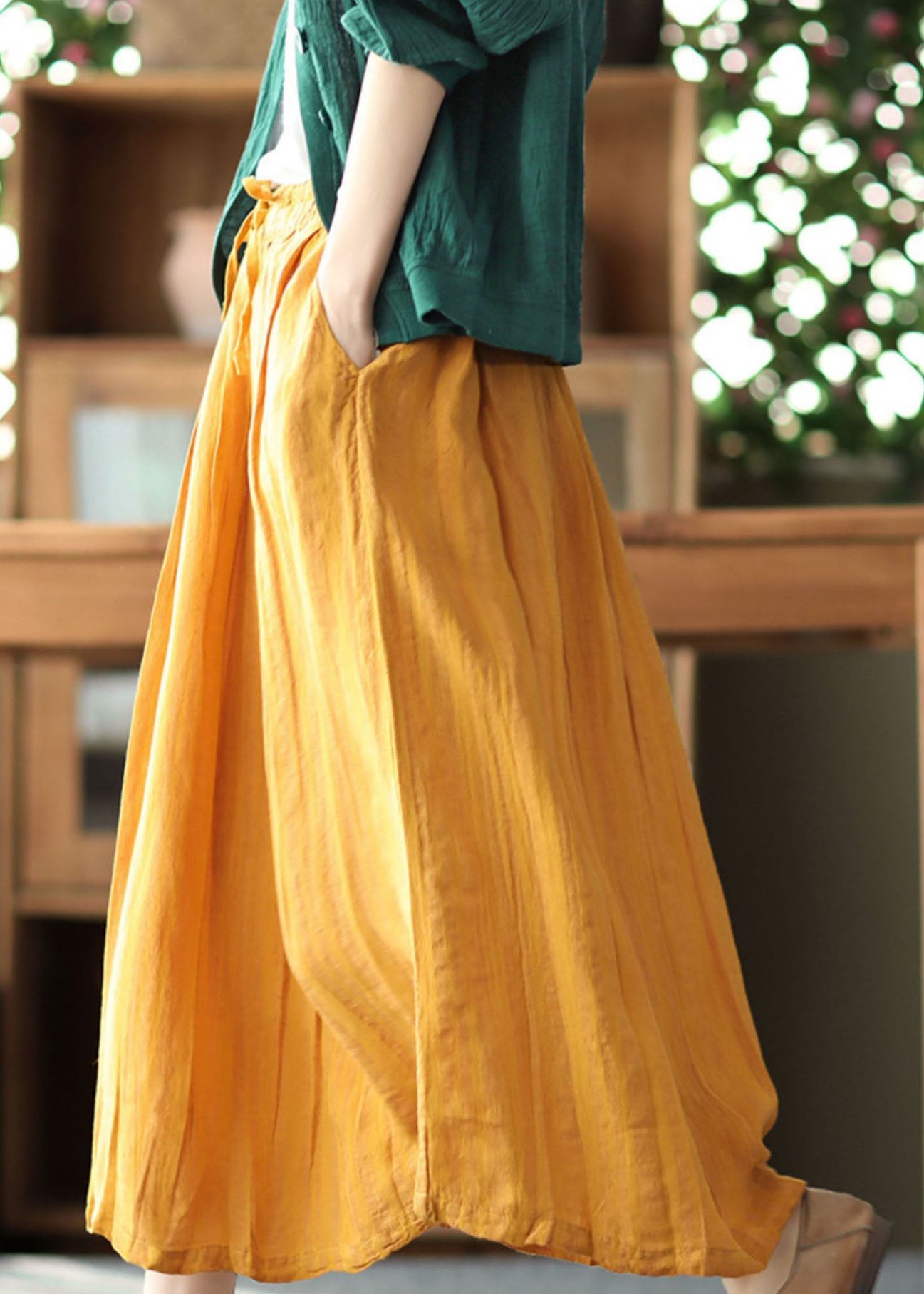 Yellow Elastic Waist Wrinkled Linen Skirt Summer
