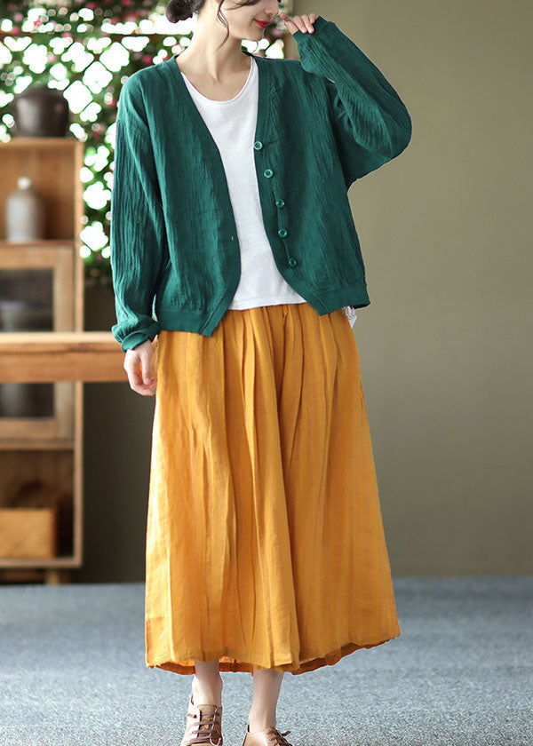 Yellow Elastic Waist Wrinkled Linen Skirt Summer