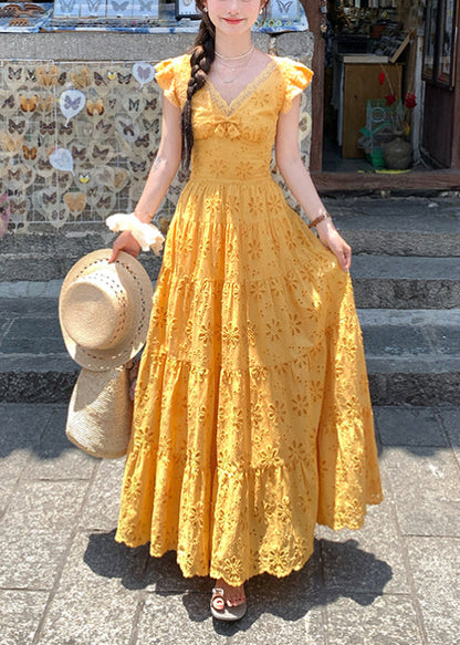 Yellow Embroidered Cotton Robe Dresses Summer