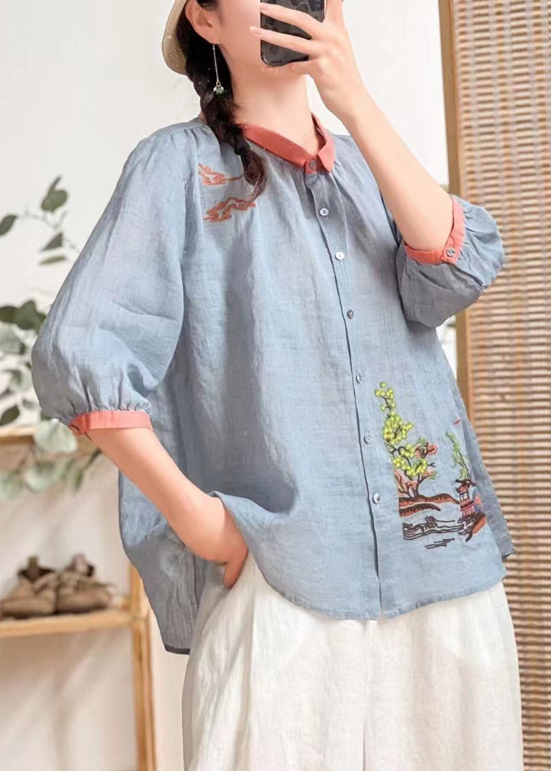 Yellow Embroideried Patchwork Linen Shirt Tops Summer