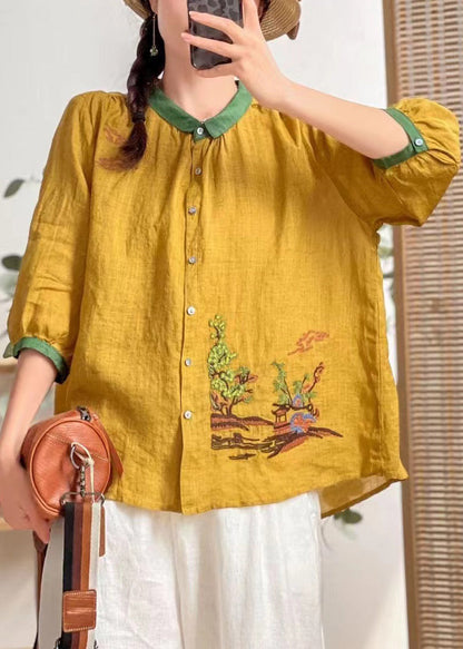 Yellow Embroideried Patchwork Linen Shirt Tops Summer