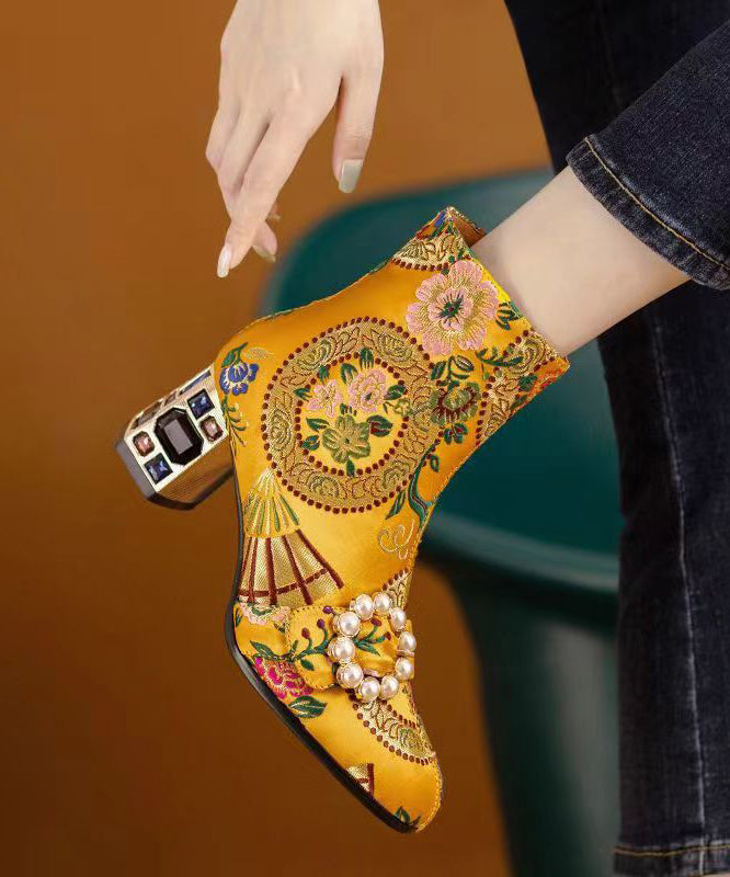 Yellow Embroidery Nail Bead Zircon Chunky Heel Boots
