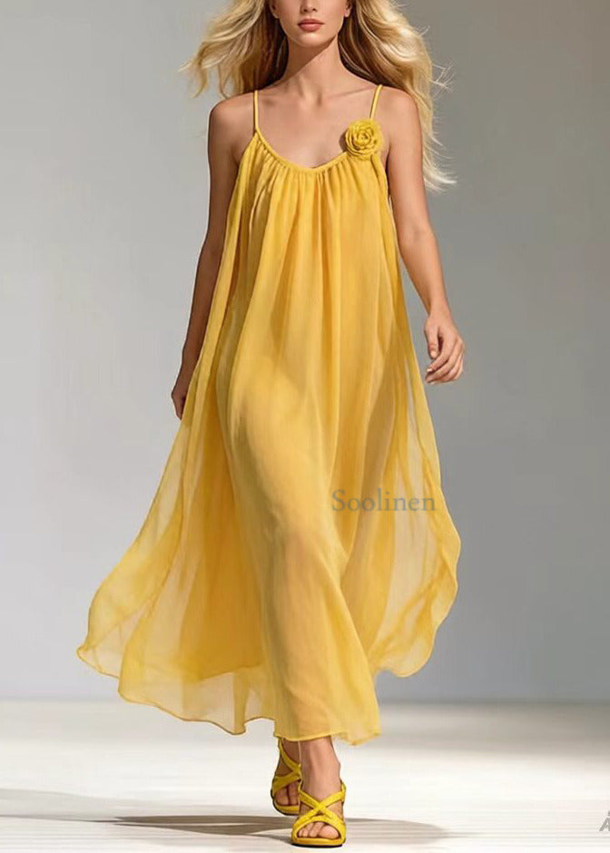 Yellow Decorated Draping Chiffon Maxi Dresses Summer