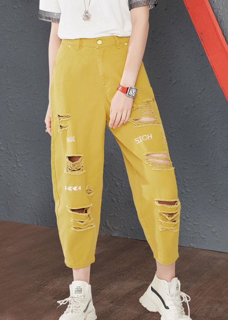 Yellow High Waist Hole Cotton Harem Pants Summer