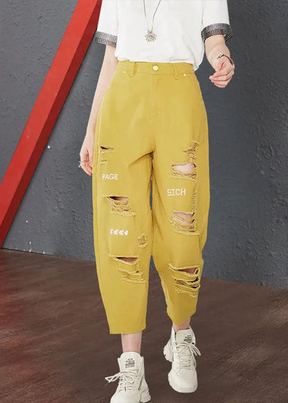 Yellow High Waist Hole Cotton Harem Pants Summer