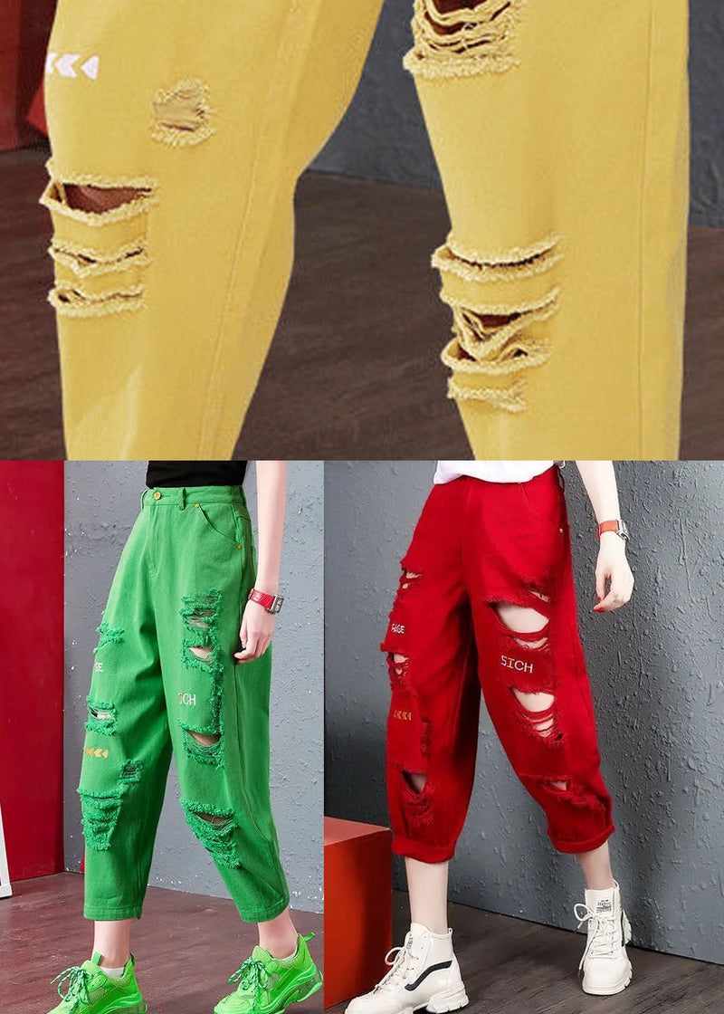 Yellow High Waist Hole Cotton Harem Pants Summer