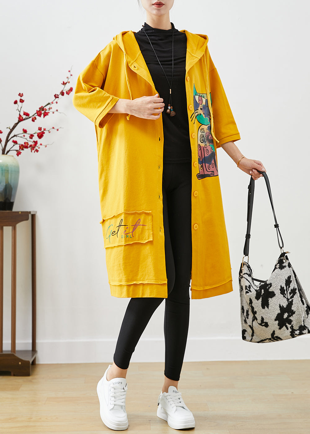 Yellow Hooded Cat Print Cotton Coat Outwear Fall