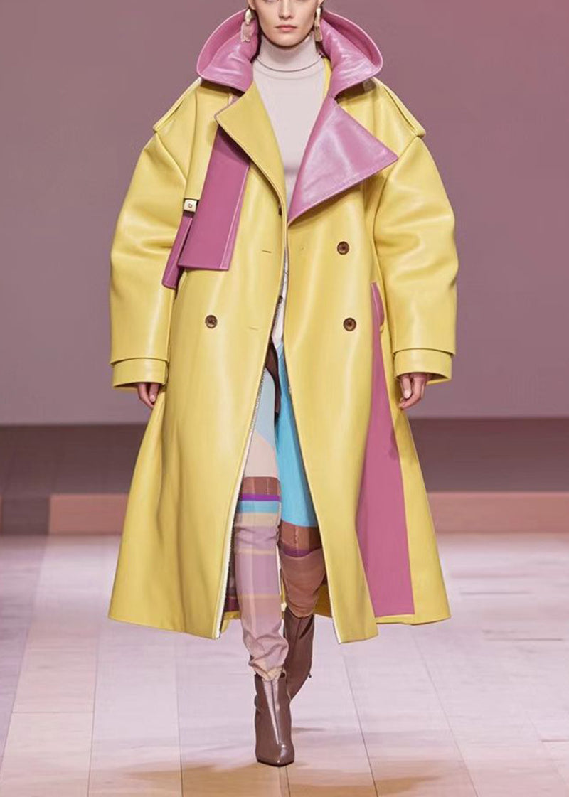 Yellow Hooded Patchwork Faux Leather Trenchs Fall