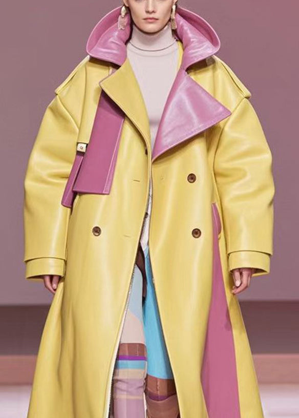 Yellow Hooded Patchwork Faux Leather Trenchs Fall