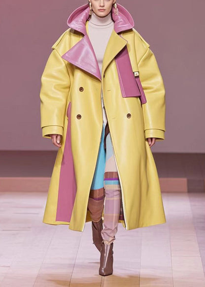 Yellow Hooded Patchwork Faux Leather Trenchs Fall