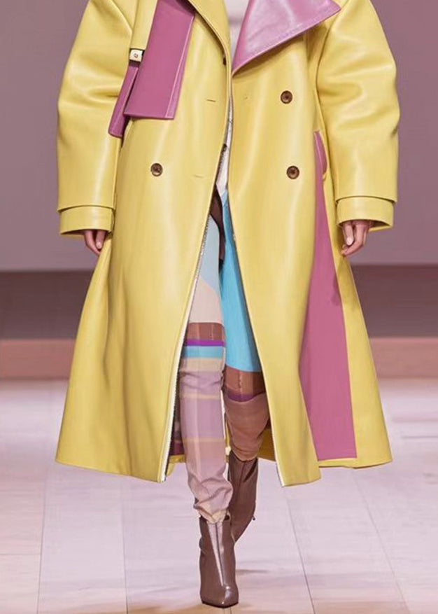 Yellow Hooded Patchwork Faux Leather Trenchs Fall
