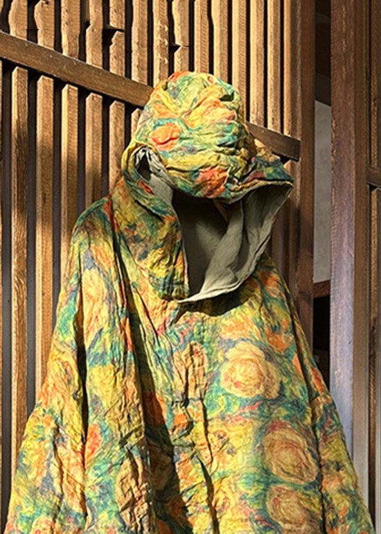 Yellow Hooded Print Linen Top Long Sleeve