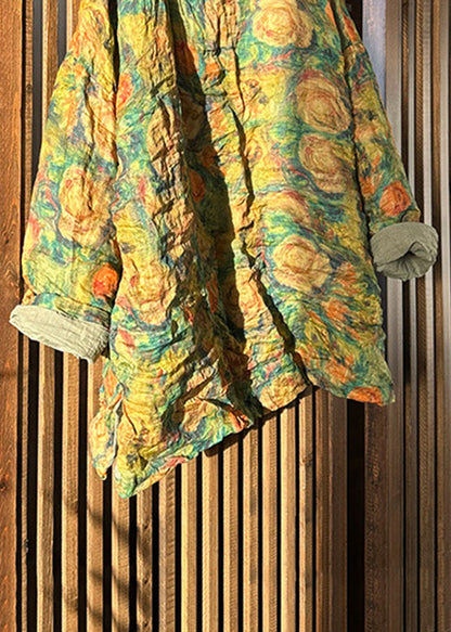 Bohemian Yellow Hooded Print Linen Top Long Sleeve
