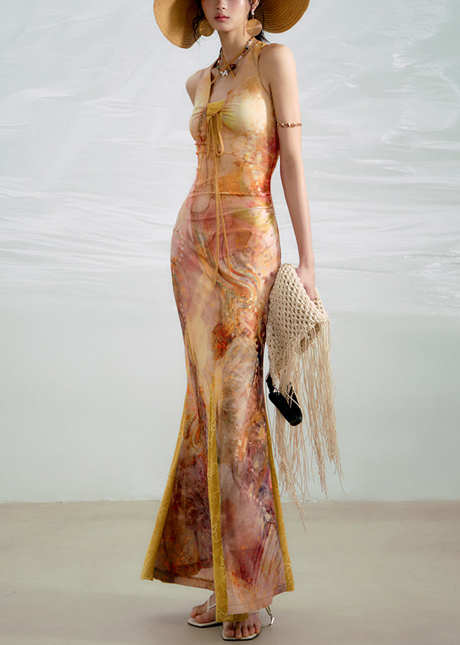 Yellow Lace Up Print Lace Ankle Dress Summer