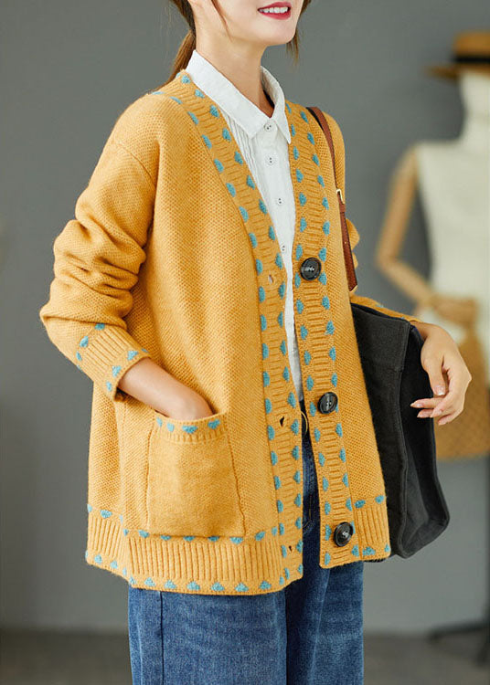 Yellow Loose Button Pockets Fall Knit Sweater Coat
