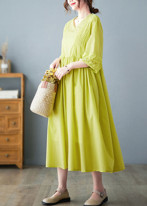 Yellow O-neck Lace Patchwork Cotton Cinch Dress Half Sleeve