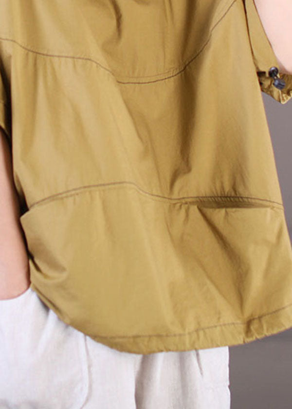 Yellow O-neck Pockets Line Cotton Top Short Sleeve