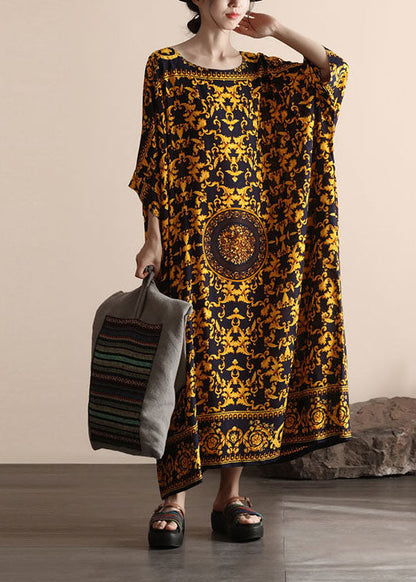 Yellow O Neck Print Patchwork Cotton Beach Dress Summer