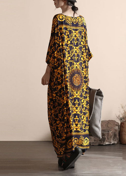 Yellow O Neck Print Patchwork Cotton Beach Dress Summer