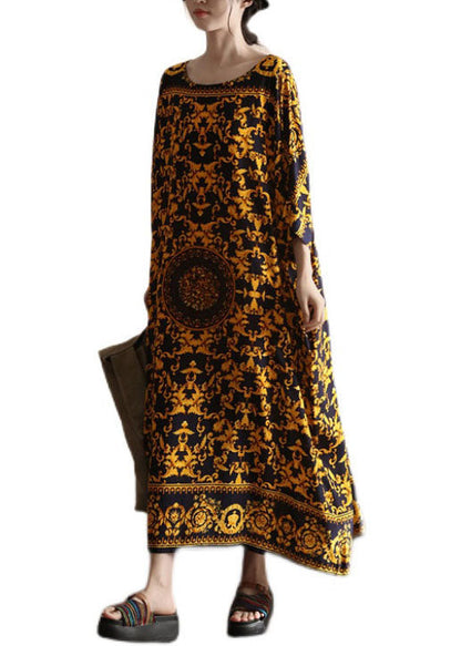 Yellow O Neck Print Patchwork Cotton Beach Dress Summer