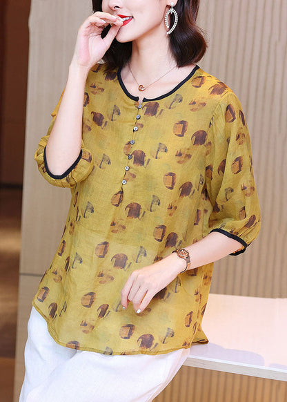 Yellow O Neck Print Patchwork Linen Blouse Tops Summer