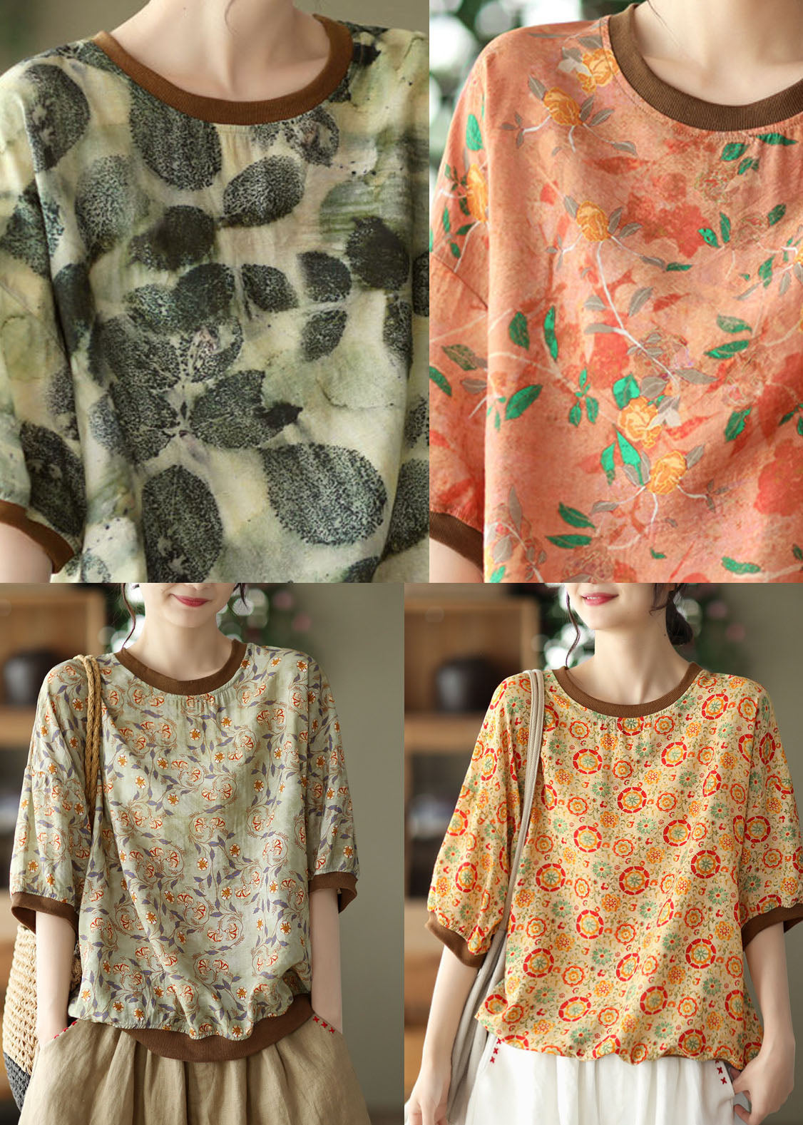 Yellow O Neck Print Patchwork Linen Top Summer