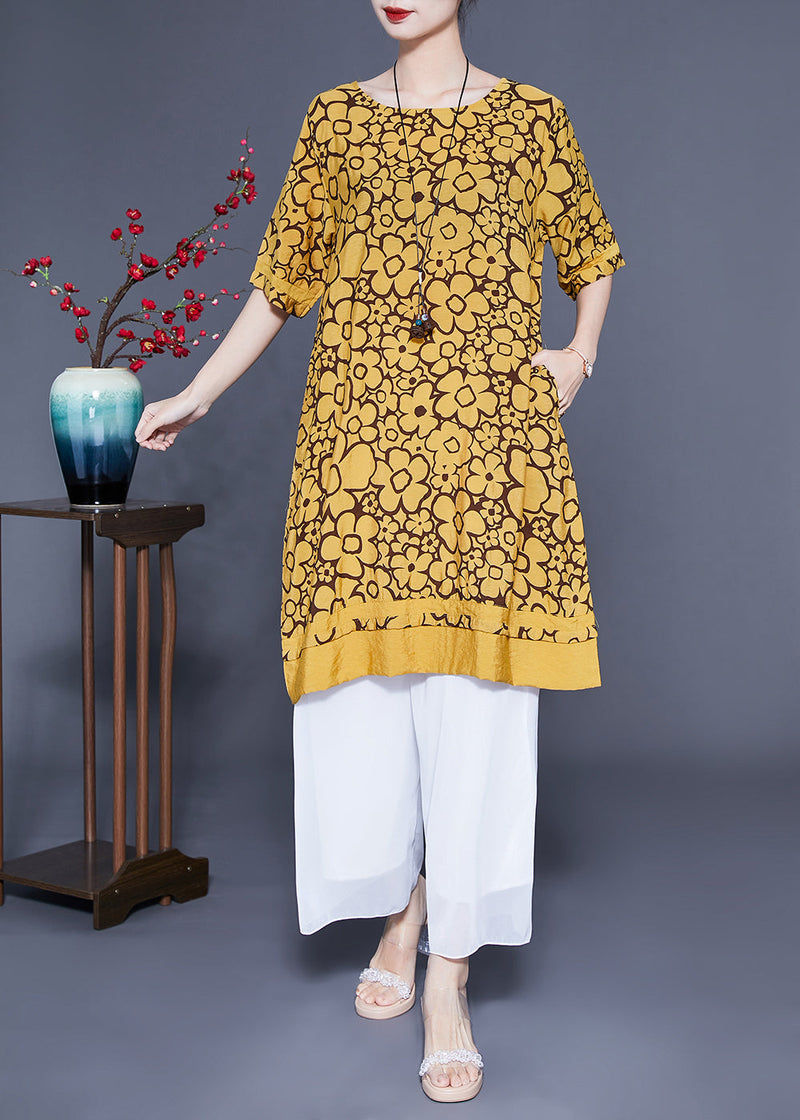 Yellow O-neck Print Silk Maxi Dress Summer