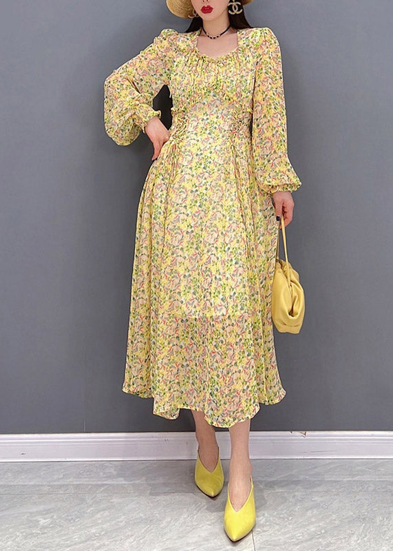Yellow O-neck Print Wrinkled Chiffon Long Dress Long Sleeve