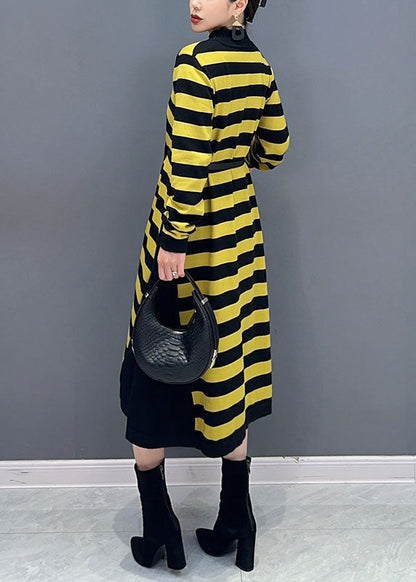 Yellow O-neck Striped Patchwork Party Maxi Dress Long Sleeve