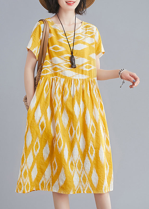 Yellow O-neck Wrinkled Print Cotton Beach Dresses Short Sleeve