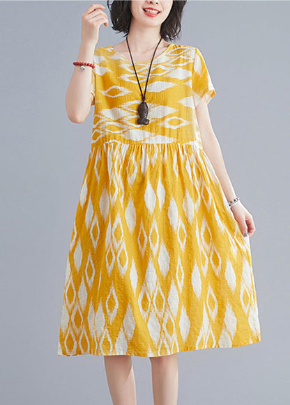 Yellow O-neck Wrinkled Print Cotton Beach Dresses Short Sleeve