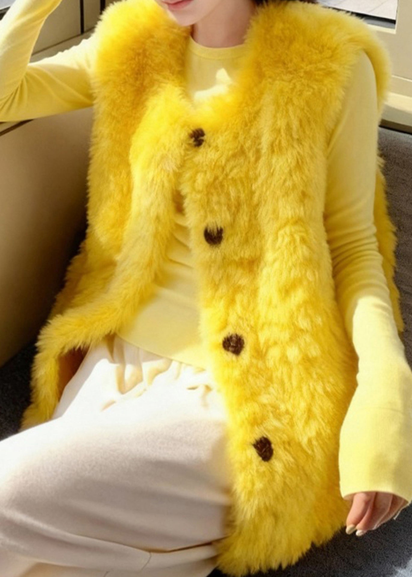 Yellow Oversized Fuzzy Fur Fluffy Vests Winter