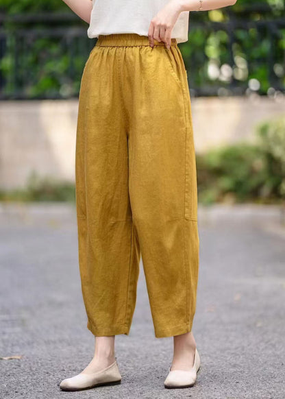 Yellow Oversized Pockets Linen Crop Pants Summer