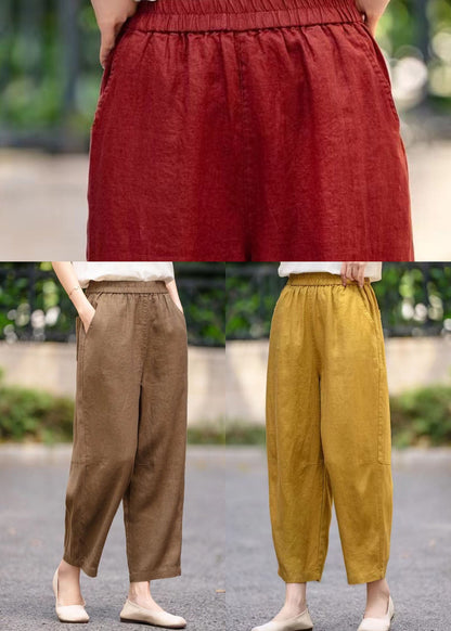 Yellow Oversized Pockets Linen Crop Pants Summer
