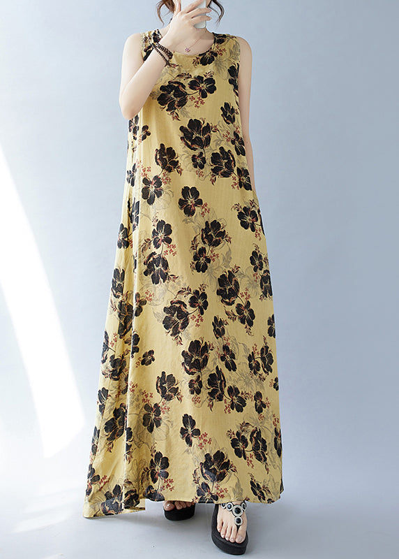 Yellow Oversized Print Cotton Dresses Sleeveless