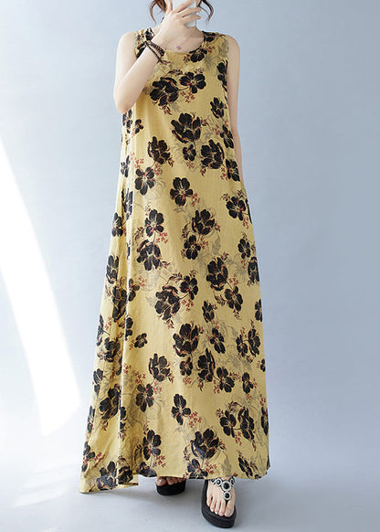 Yellow Oversized Print Cotton Dresses Sleeveless