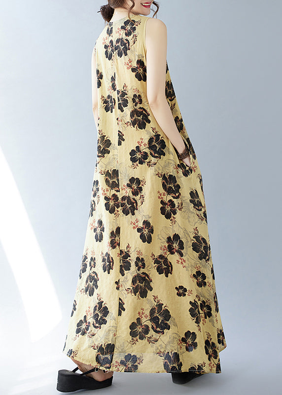 Yellow Oversized Print Cotton Dresses Sleeveless
