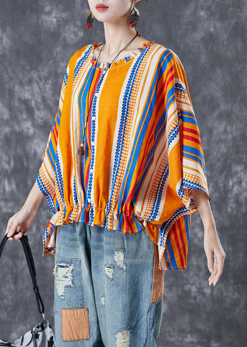 Yellow Oversized Striped Wrinkled Cotton Shirt Batwing Sleeve