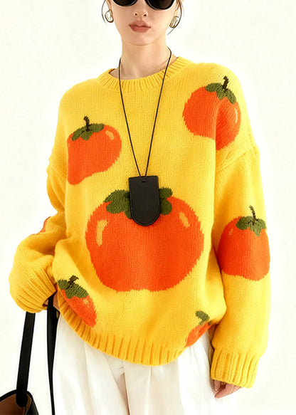 Yellow Oversized Tomato Jacquard Knit Pullover Winter